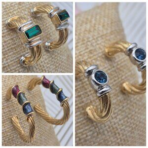 Lot of 3 Pair of Vintage 80's Twisted Gold Tone Hoop Earrings Enamel Rhinestones